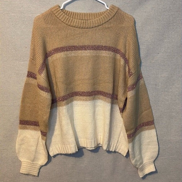 Ellie Sweaters - Love Ellie Womens Sweater XXL Beige Pink Metallic Stripe Crew Neck Cozy Warm New